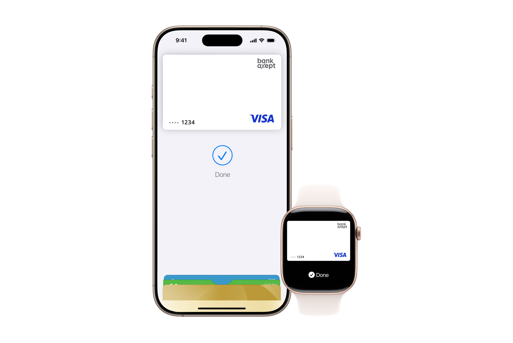iPhone og Apple Watch viser et digitalt betalingskort med teksten 'Done' som bekrefter en fullført betaling.